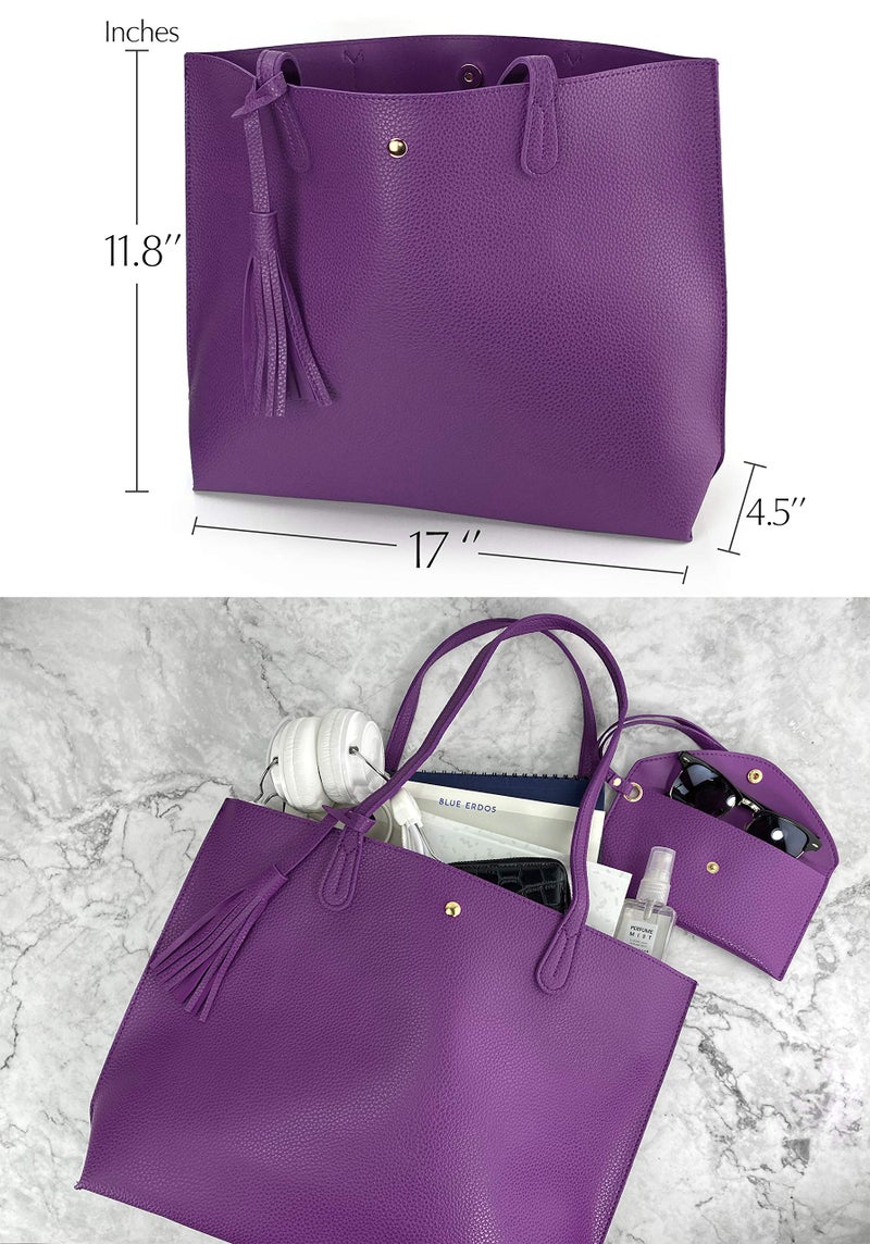 Hoxis Minimalist Clean Cut Pebbled Faux Leather Tote Womens Shoulder Handbag (Violet) Medium - Image 3